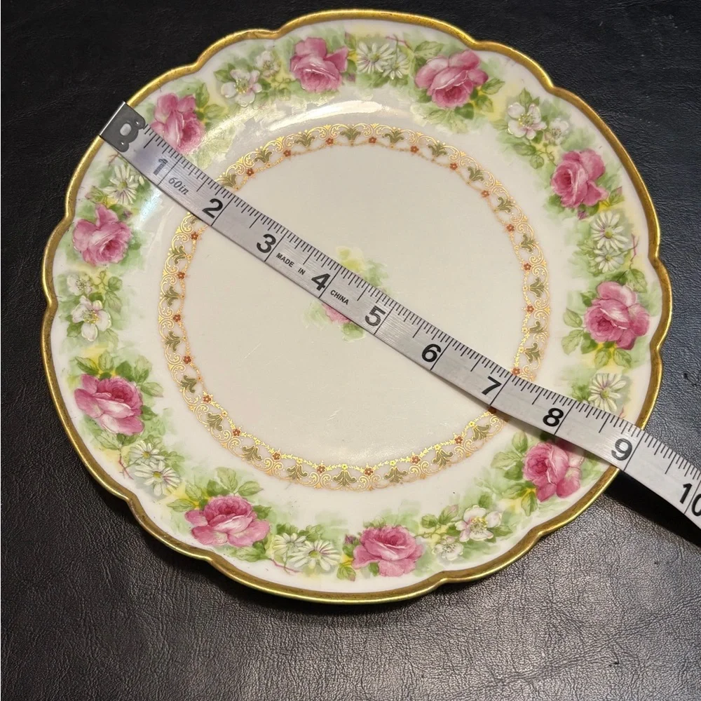 Antique Coronet Limoges France Hand Painted Pink Roses Plate Gold Gilt Scalloped